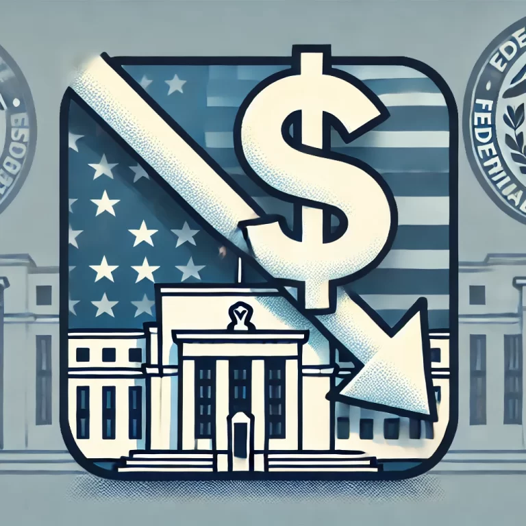 DALL·E 2024-09-16 11.38.56 – A 16_9 ratio thumbnail design for SEO titled ‘Fed Rate Cuts Impact on US Dollar’. The image includes a downward arrow next to a dollar symbol to visua